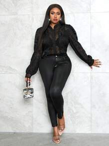 Slaydiva Plus Size Women Lace Patchwork Cutwork Sheer Bodysuit - Black - View 4