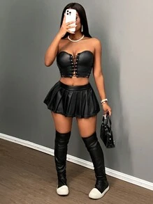 Slaydiva 2024 新款性感高腰弹力黑色 PU 皮革女式迷你裙，夏季