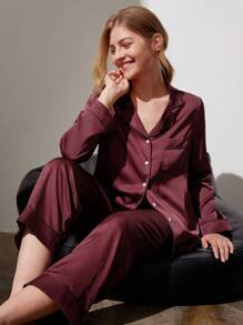 LUVLETTE Weihnachts- und Neujahrspyjamas Herbst und Winter Rot & Burgund Grundlegende Satin Einfarbig Knopf-Oben Pyjama & Loungewear Sets für Frauen Pyjama Sets für Frauen Herbst Pyjamas Kleidung