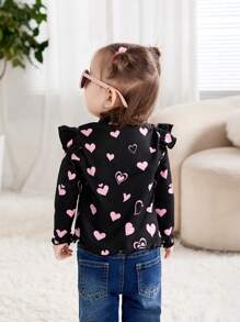 SHEIN Baby Girl Cute Cartoon Pattern Ruffle Trim Long Sleeve Knit Top, Versatile Autumn/Winter - Black - View 9