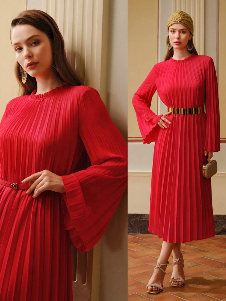 ZEYLAH SOLID FRILL MOCK NECK BELL SLEEVE PLEATED DRESS WITH BELT