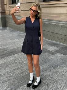 Forever 21 秋冬女式海军蓝/西装连衣裙/皇家蓝女装/镂空服装/商务休闲女装/优雅女装/高挑/返校节/感恩节女装/优雅连衣裙/连衣裙背心