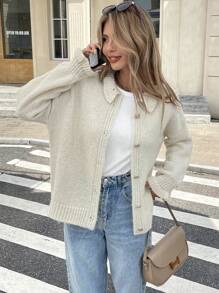 SHEIN Frenchy Áo len cardigan cài nút bèo nhún thường ngày cho nữ, Áo len cardigan dài tay màu trơn mềm mại cho nữ, Áo len cardigan dài tay màu trơn mềm mại cho nữ, Chúng tôi khuyên bạn nên mua nhỏ hơn một cỡ! Siêu ấm và mềm mại! Vào mùa thu/đông - Nhiều màu - Xem 7