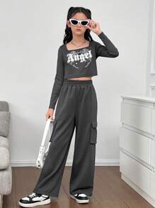 2 piezas Conjunto de top de manga larga con estampado de alas y pantalón cargo de canalé suave y cálido para niñas preadolescentes, otoño