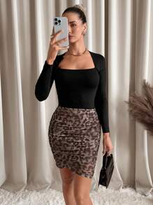 SHEIN Clasi Chân váy quấn chéo họa tiết da báo cho nữ, thanh lịch - Màu nâu  Mocha - Xem 1