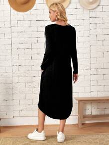 SHEIN LUNE Leopard Heart Print Striped Knit Slanted Pocket Curved Hem Dress, Autumn - Black - View 3