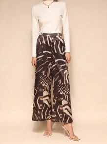 SHEIN Unity Women's Elastic Waist Loose Wide Leg Patchwork Print Long Pants Fall Cloth For Women - Multicolor - View 4