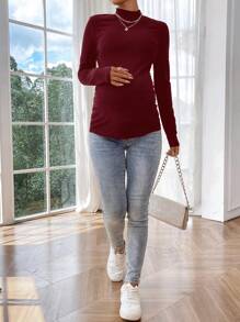 SHEIN 1 件孕妇秋季立领长袖罗纹修身 T 恤，适合孕妇 - 酒紅色 - 查看 4