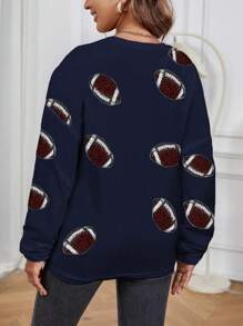 INAWLY Plus Size Casual All-Over Football Print Drop Shoulder Loose T-Shirt, Spring/Autumn