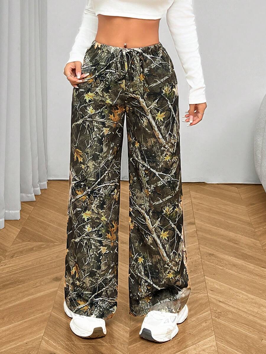 SHEIN PETITE 女士时尚迷彩印花阔腿裤