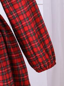 Plus Size Tween Girls Christmas Elegant Ruffle Bow Plaid Long Sleeve Waisted Dress, Suitable For Party Occasions - Burgundy - View 6