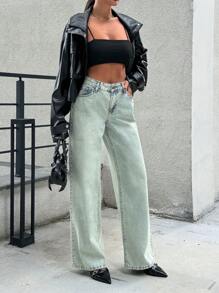 SHEIN Cottnline WOMEN WIDE LEG MID WAIST JEANS - Light Wash - View 4