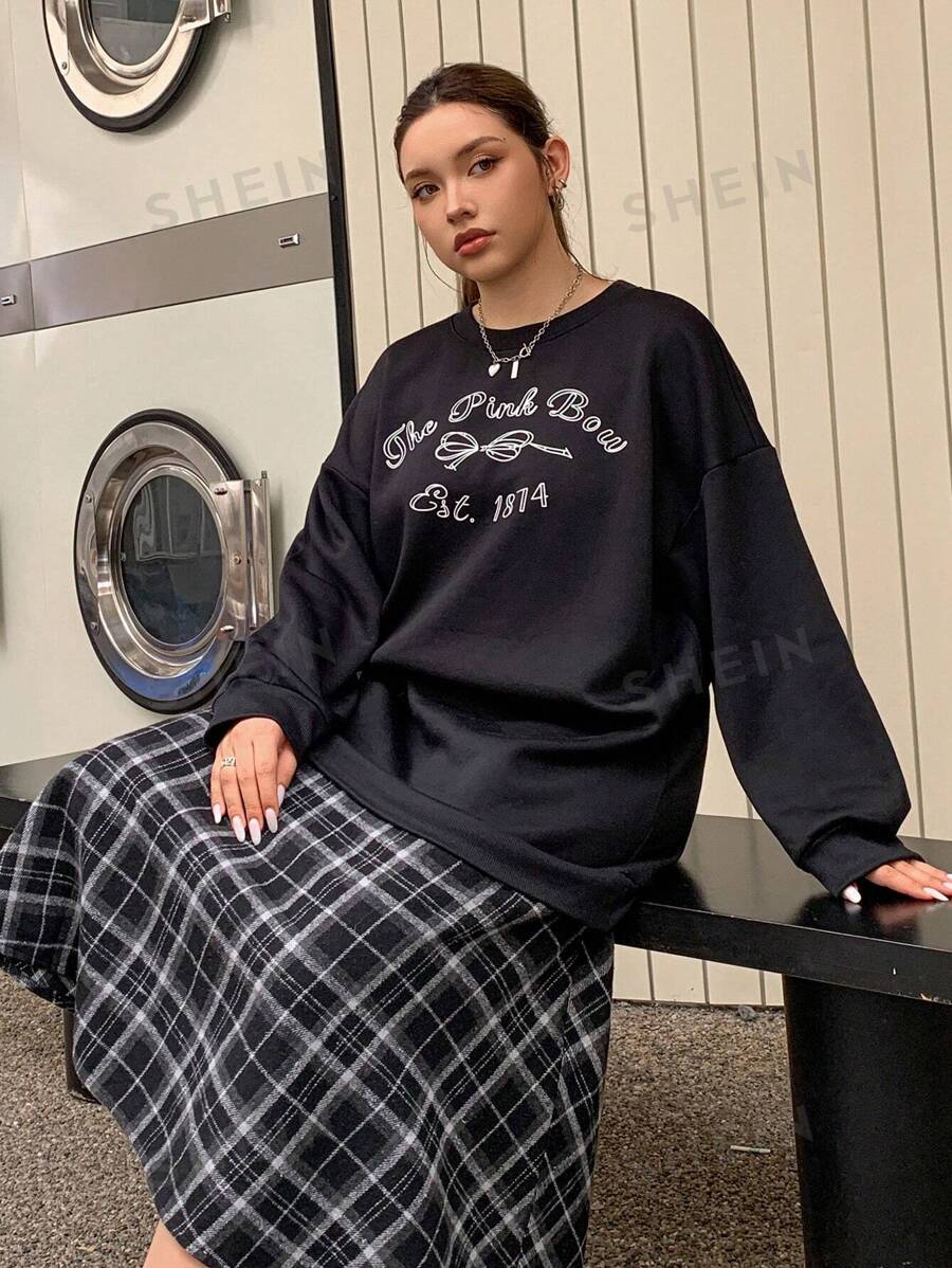 Dazy Petite Plus Vestido de manga larga con cuello redondo y estampado de cuadros, ropa de otoño para tallas grandes
