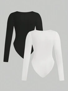 SHEIN EZwear Casual Minimalist Multi-Color Plus Size Long Sleeve Round Neck 2 Pieces Bodysuit, Spring & Autumn - Multicolor - View 2