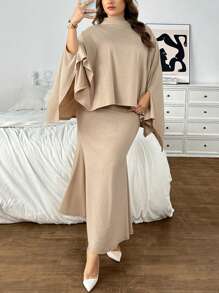 SHEIN Privé Plus Size Elegant Commuting Work Sophisticated High-End Venue Exquisite Afternoon Tea Date Music Concert Party Khaki Earth Tone Loose Generosity Asymmetrical Hem Cape Poncho Top & Fish Tail Skirt, For Winter - Khaki - View 6