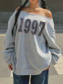 Muchica American Casual 灰色女式 1997 数字印花露肩宽松长袖运动衫，秋冬 - 淺灰色 - 查看 3