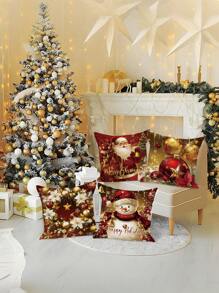 Juego de 4 fundas decorativas de terciopelo con diseños navideños de Papá Noel, muñeco de nieve y flor de Pascua, con cierre de cremallera contemporáneo en rojo y dorado, de poliéster tejido de 18x18 pulgadas, lavables a máquina para sofá, dormitorio y sala de estar - No incluye relleno, decoración de otoño, decoración de temporada