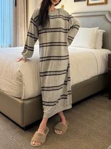 DAZY Fleece Floral Striped Loose Fit Lounge Dress For Winter, Moo Moo, For Fall Winter Pajama, Cozy Outfit