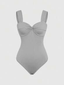 SHEIN Unity Women Solid Twist Bustier Bodysuit, Figure-Flattering - Light Grey - View 1