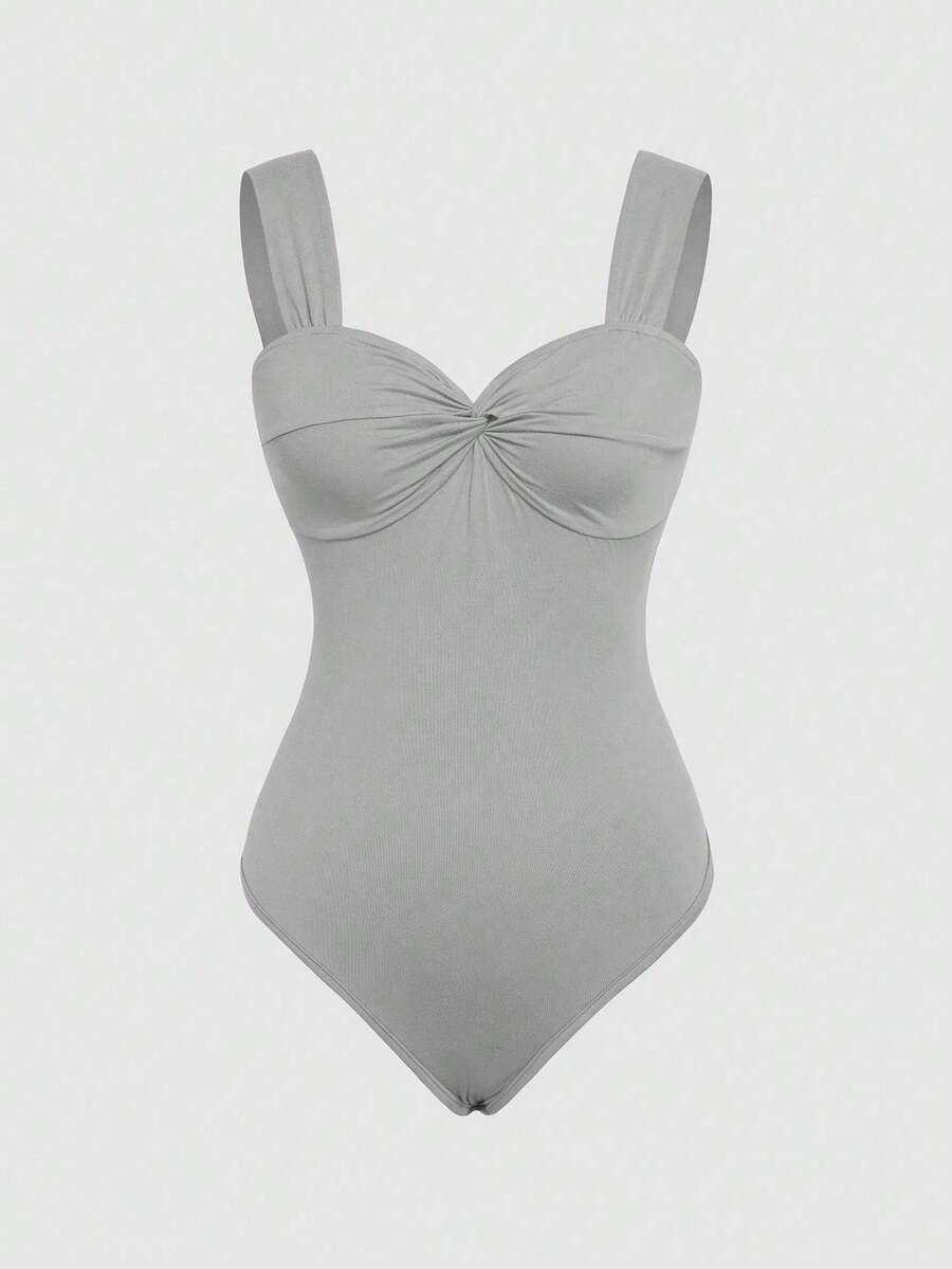SHEIN Unity Women Solid Twist Bustier Bodysuit, Figure-Flattering - Light Grey - View 1