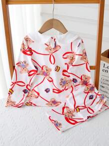 2pcs Young Girls Bow Tie Ribbon Bear Gift Graphic Print Long Sleeve Peter Pan Collar Top & Casual Pants Comfortable Home Set - Multicolor - View 2