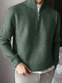 DAZY 男士简约时尚拉链长袖针织衫，适合秋冬季穿着，四分之一拉链设计 - 綠色 - 查看 4