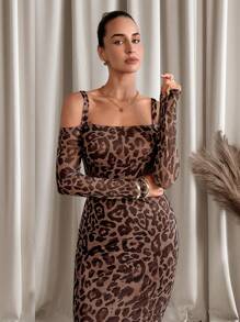 SHEIN Clasi 女士时尚豹纹露肩紧身中长连衣裙，适合秋季 - 棕色 - 查看 6