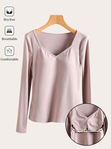SHEIN BASICS Casual Solid Color Knit Long Sleeve Sweetheart Neck Fitted Women T-Shirt - Apricot - View 1