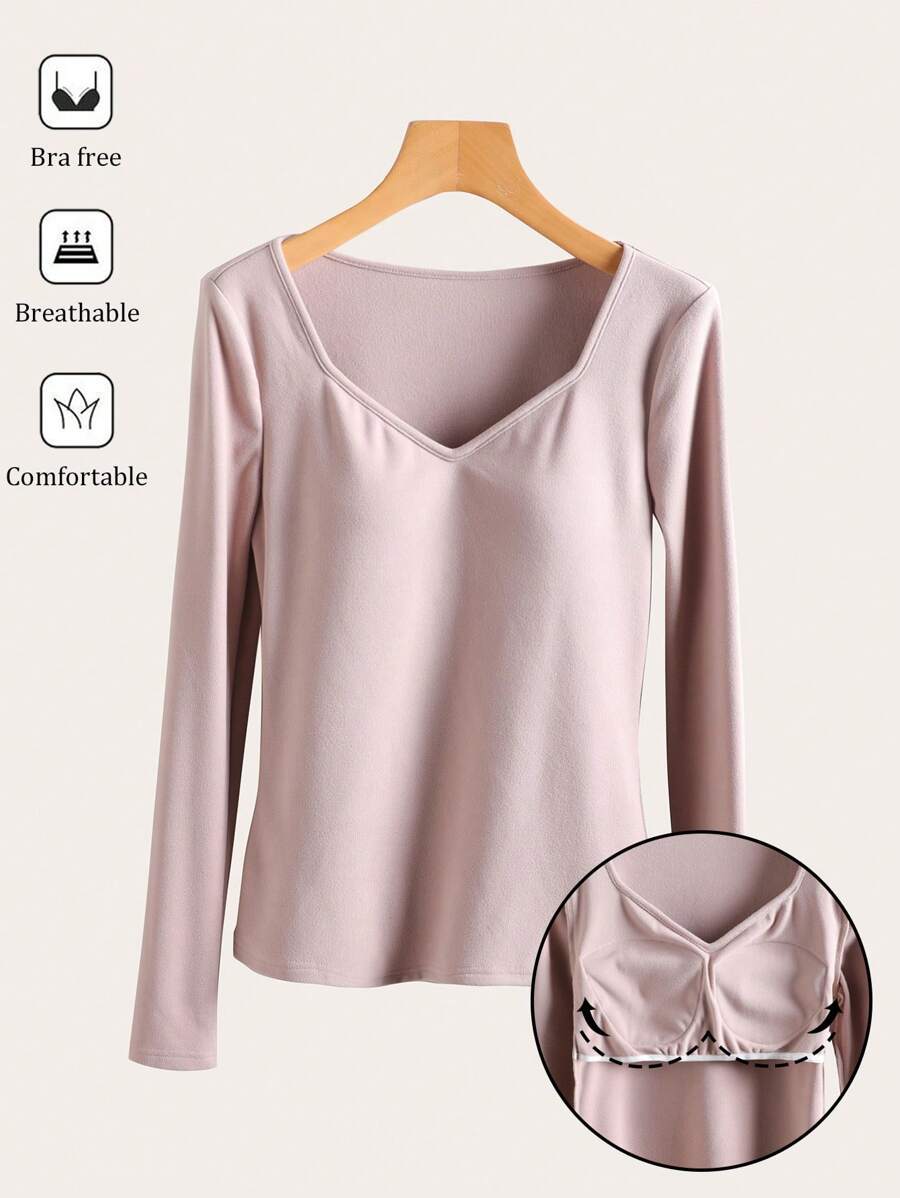 SHEIN BASICS Casual Solid Color Knit Long Sleeve Sweetheart Neck Fitted Women T-Shirt - Apricot - View 1