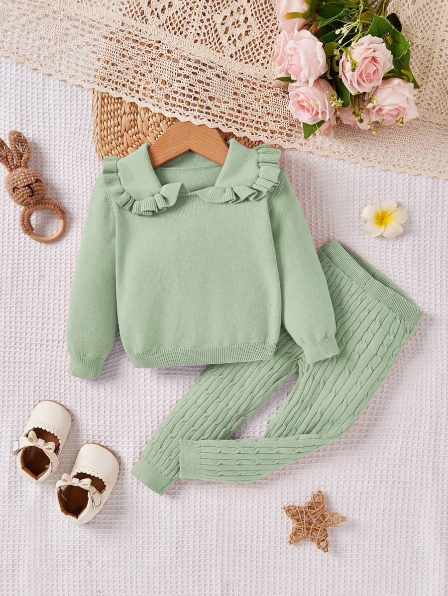SHEIN Bộ 2 món áo len dệt kim cổ Peter Pan tay dài cho bé gái, rộng rãi, thoải mái - màu xanh lá - Xem 1