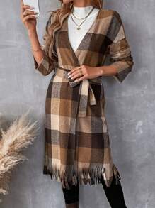 SHEIN LUNE 女式保暖格子领长款大衣，秋冬款 - 棕色 - 查看 3