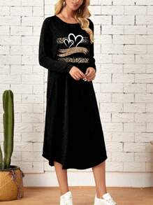 SHEIN LUNE Leopard Heart Print Striped Knit Slanted Pocket Curved Hem Dress, Autumn - Black - View 2