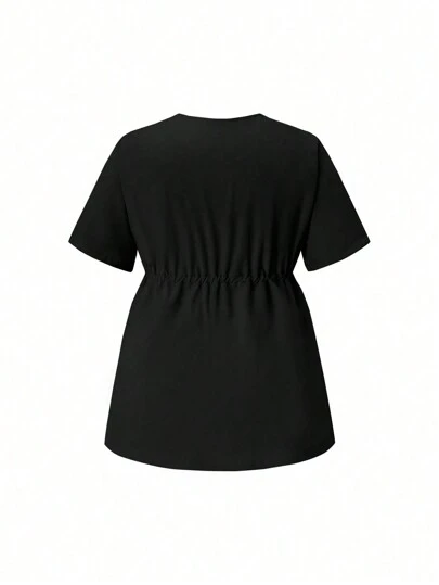TaskEZ 2pcs Plus Size Women Solid Color V-Neck Short Sleeve Pocket Top And Trouser Nursing Uniform Scrub Set