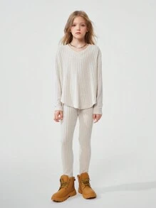 SHEIN 两件套青少年女孩秋冬日常穿着保暖罗纹针织弹力米色宽松 V 领上衣和打底裤/紧身裤感恩节 - 杏色 - 查看 1