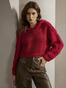 Anewsta 1 chiếc áo len nữ dáng rộng màu đỏ thanh lịch, có mũ trùm đầu, thích hợp cho mùa thu đông. - Đỏ - Xem 3