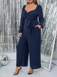 SHEIN Clasi 大码女式纯色甜心领灯笼袖口袋阔腿优雅连体裤，秋季