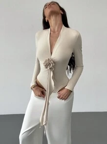 Aloruh 全新 3D 花卉装饰性感深 V 领长袖紧身衣，百搭秋冬季 - 杏色 - 查看 5