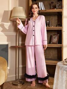 PalaceNights Contrast Color Fringe Fuzz Decor Open Front Long Sleeve Pajama Set For Women - Pink - View 4