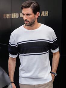 Manfinity Homme Parte superior tejida de manga corta casual de todos los días con color contrastante para hombres, otoño/invierno - Blanco - Ver 3