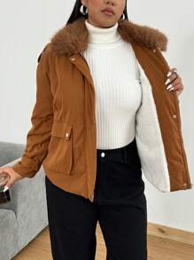Flirla Plus Size Solid Color Fluffy Patchwork Fox Fur Collar Winter Clothes Casual Padded Padded Coat - Brown - View 1