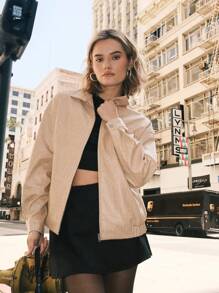 SHEIN EZwear 动物印花 PU 落肩拉链 PU 短款皮夹克 - 彩色 - 查看 5