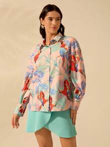 CAJUNI Women's Boho Colorful Parrot Print Loose Fit Drop Shoulder Long Sleeve Blouse, Casual Summer Beach Vacation