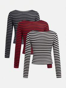 SHEIN 3pcs/Set Tween Girl Striped Cropped V-Neck Long Sleeve Top - Multicolor - View 2