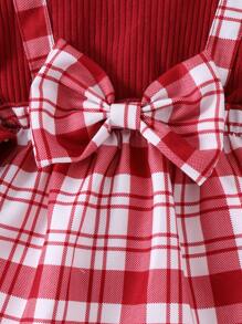 SHEIN Infant Girls Plain Color Patchwork Bowknot Decor Casual Long Sleeve Mini Dress