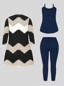 Plus Size Women 3pcs Fall Vintage Wave Print Casual Coat & Cami Top & Pants Set