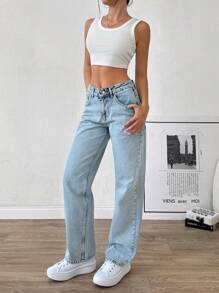 EURMUSE LOW RISE STRAIGHT CUT LONG HEM BOW PRINTED COQUETTE JEAN - Light Wash - View 8