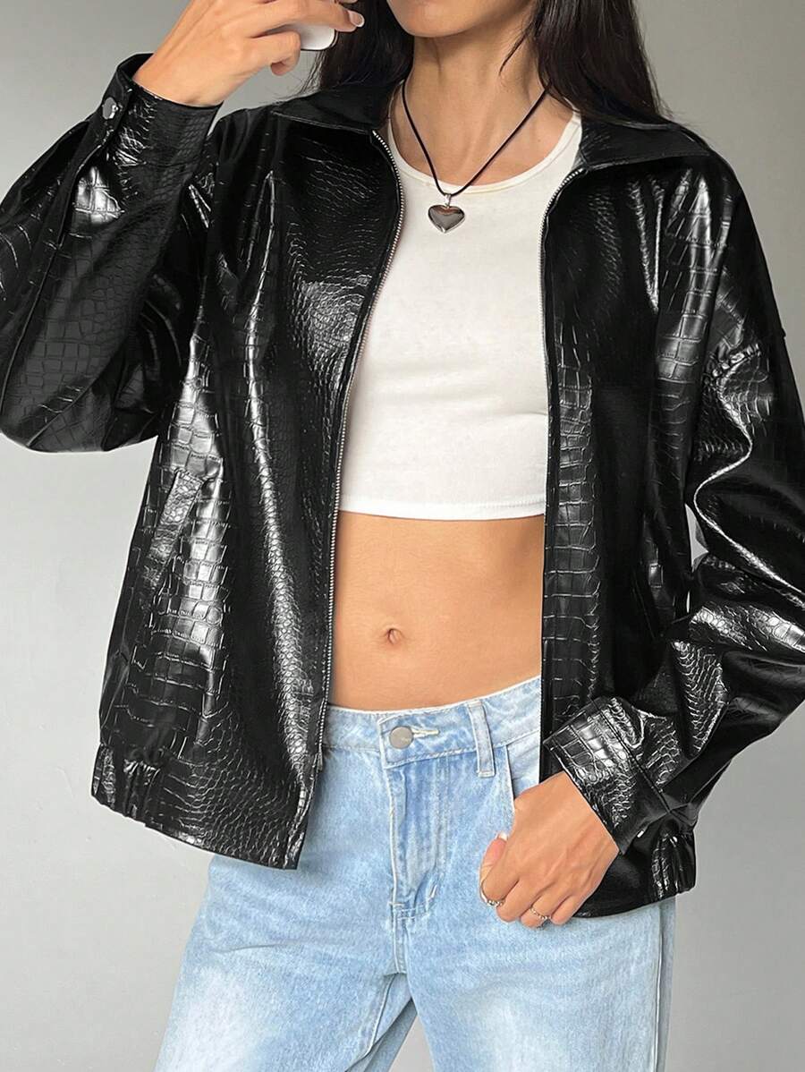 SHEIN EZwear Women's Oversized Long Sleeve Embossed PU Casual Jacket, Spring & Autumn - Black - View 1