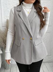 SHEIN LUNE Plus Size Women Lapel Collar Sleeveless Minimalistic Tweed Blazer Jacket Vest Fall Clothes Clothes Winter Clothes Business Casual Woman Work Blazer Business Blazer