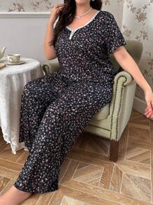 Lace Trim Ditsy Floral Knitted Pajama Set, Summer - Black - View 5