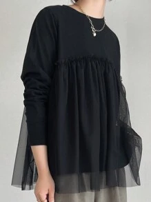 FRIFUL Women's Solid Color Mesh Splice T-Shirt, Autumn,Ruffle